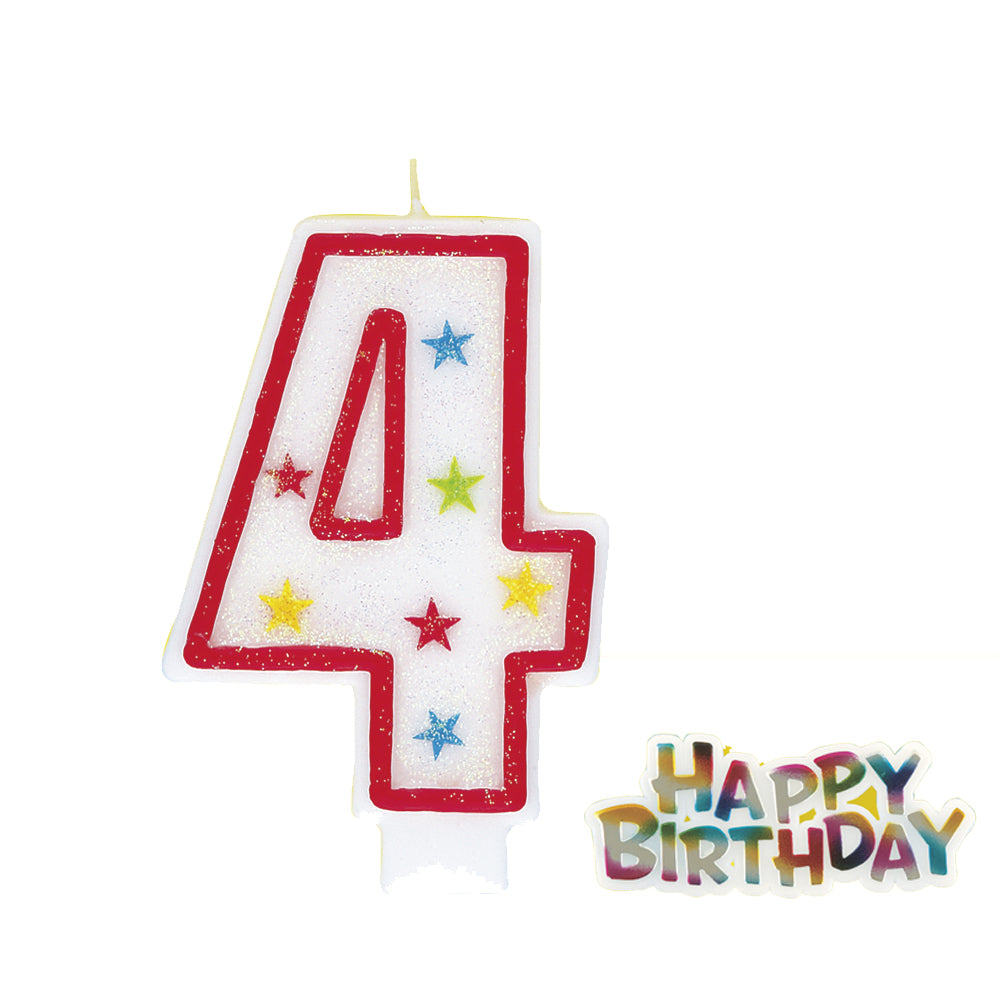 Glitter Stars Number Candle '4' with Happy Birthday Decoration