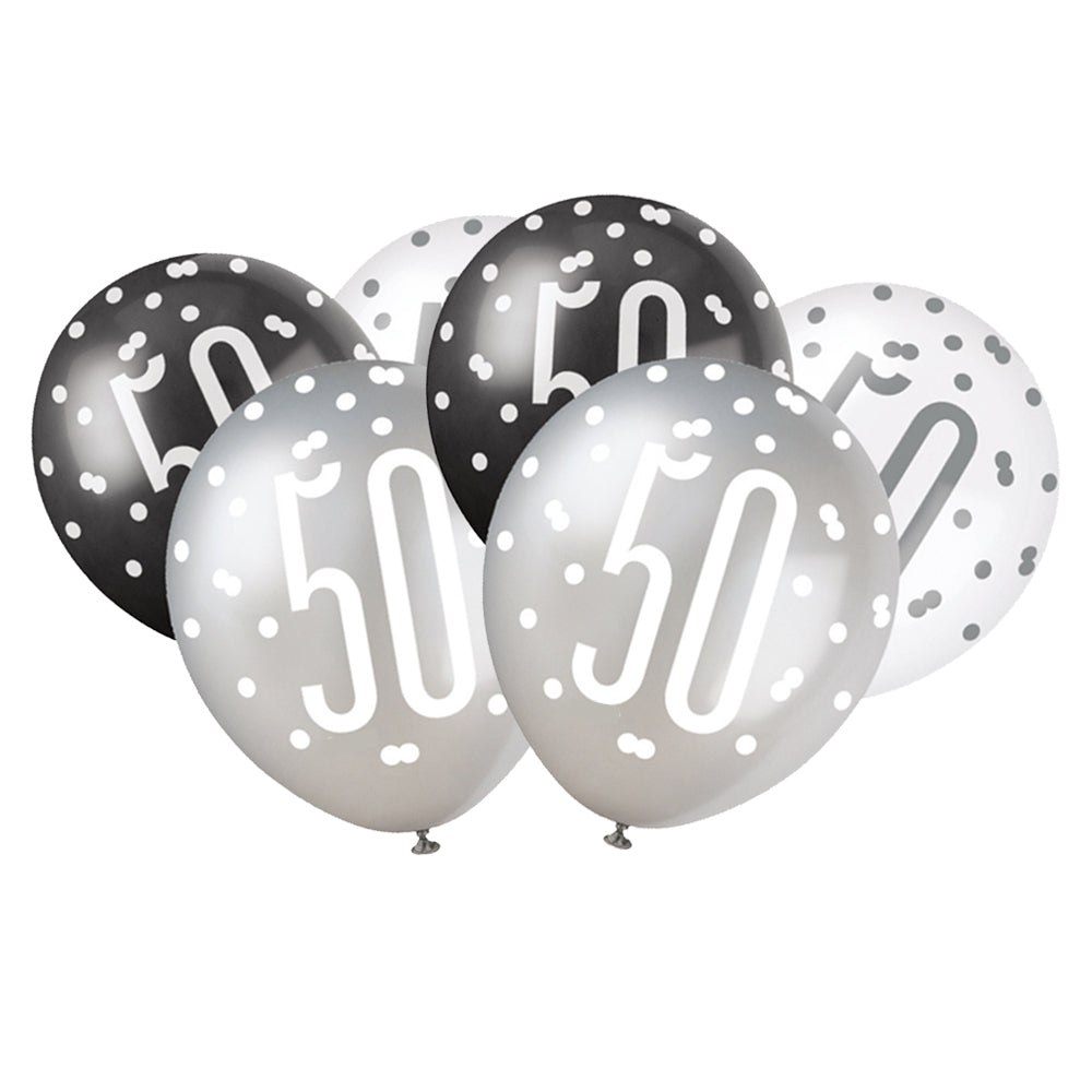 Birthday Glitz Black & Silver 50th Pearlised Latex Balloons - Pack of 6