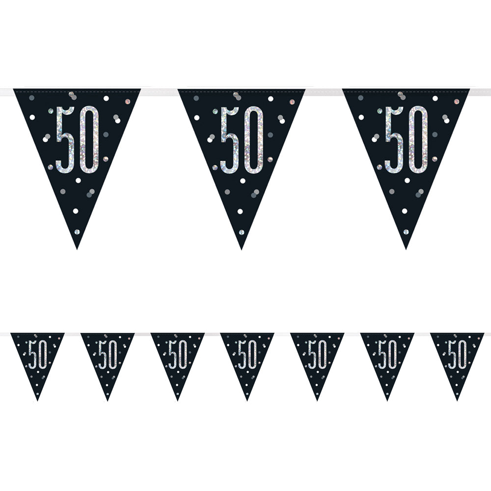 Birthday Glitz Black & Silver 50th Flag Bunting