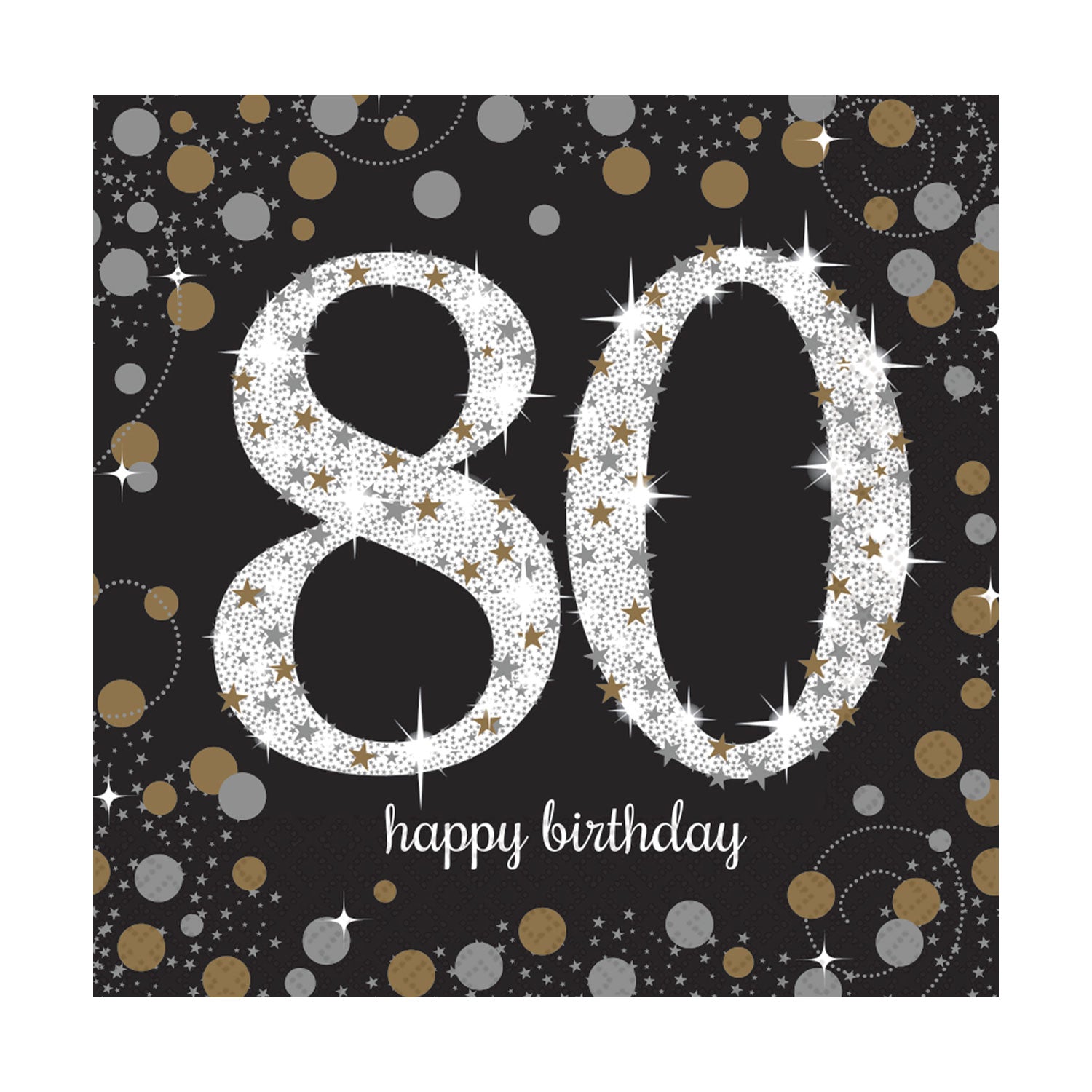 Gold Celebration "80th Birthday" Luncheon Napkins - 33cm - Pack of 16