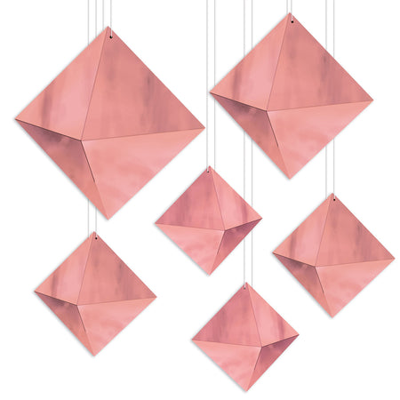 3-D Rose Gold Foil Hanging Diamond Decorations - Pack of 6