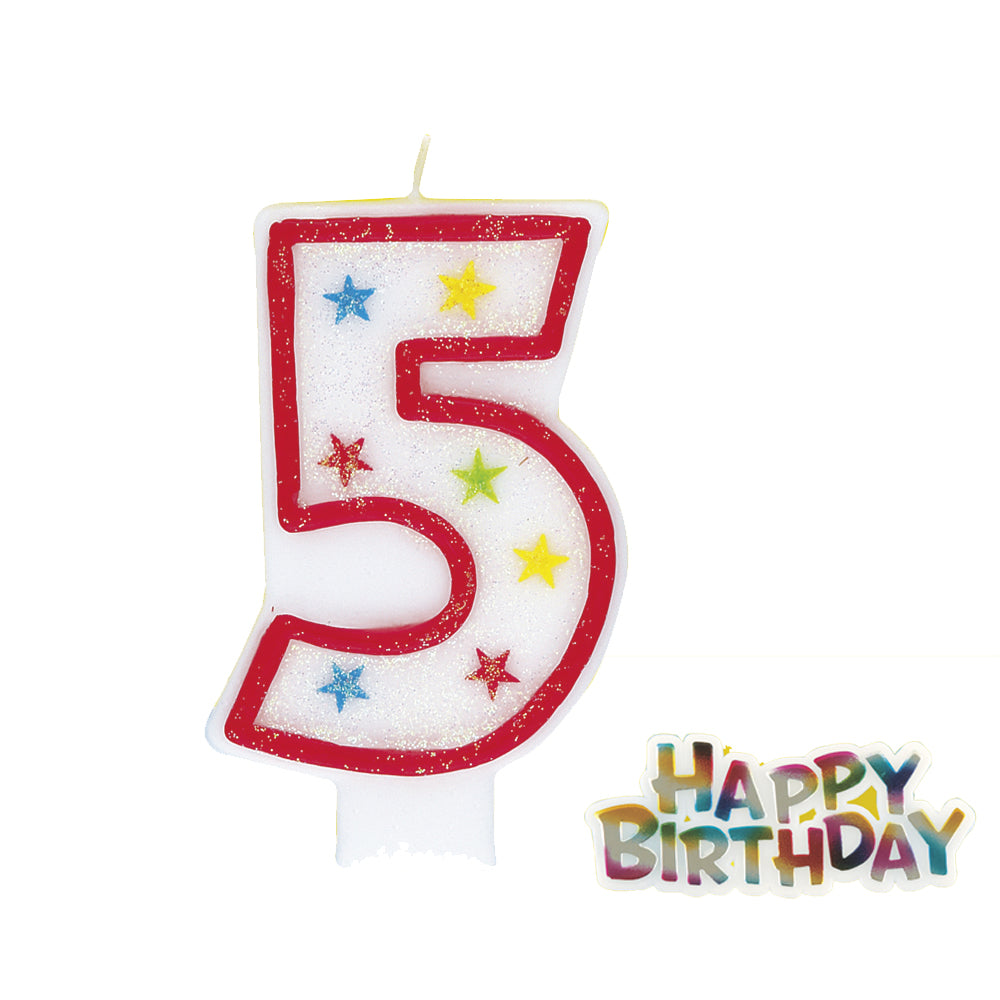 Glitter Stars Number Candle '5' with Happy Birthday Decoration