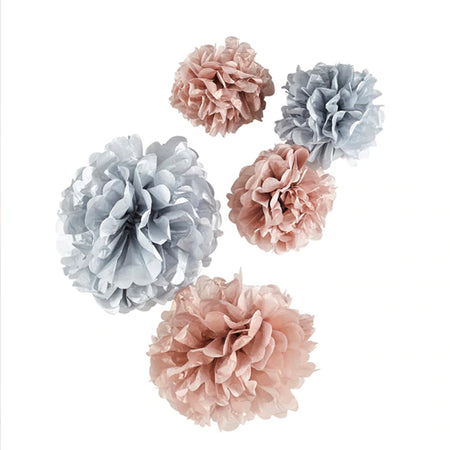 Rose Gold & Grey Pom Poms - Pack of 5