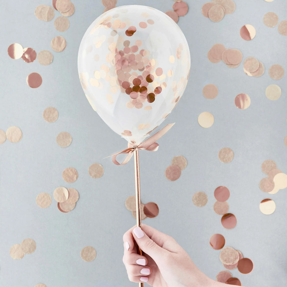 Mini Rose Gold Confetti Balloon Wands - Pack of 5