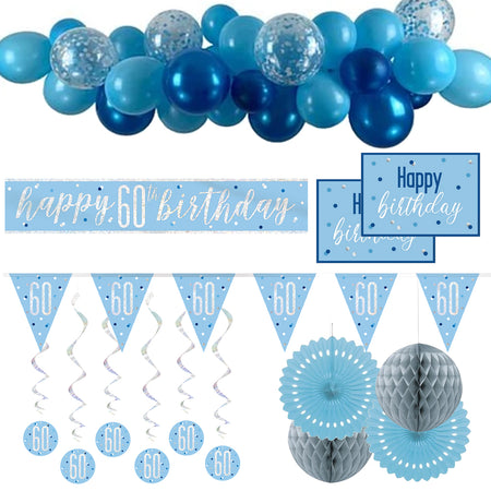 60th Birthday Blue & Silver Glitz Decoration Pack