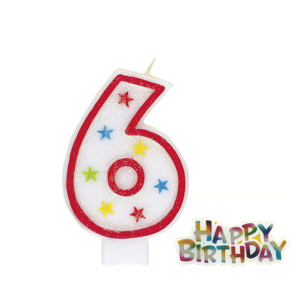 Glitter Stars Number '6' Candle with Happy Birthday Decoration