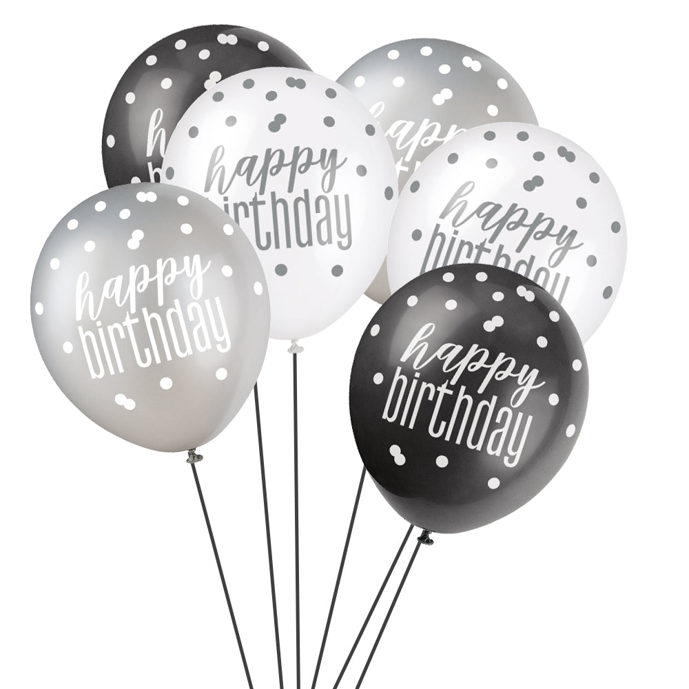 Birthday Glitz Black & Silver 'Happy Birthday' Pearlised Latex Balloons - 30.5cm - Pack of 6 - Assorted