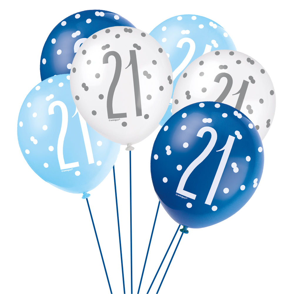 Birthday Glitz Blue 21st Pearlised Latex Balloons - Pack of 6