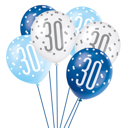 Birthday Glitz Blue 30th Pearlised Latex Balloons - Pack of 6