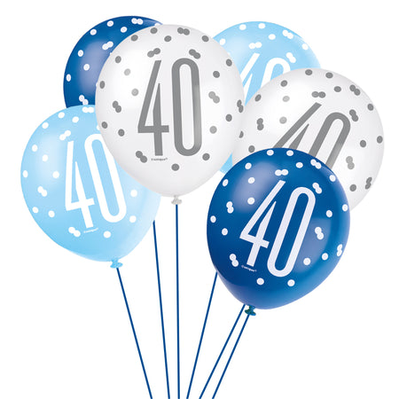 Birthday Glitz Blue 40th Pearlised Latex Balloons - Pack of 6