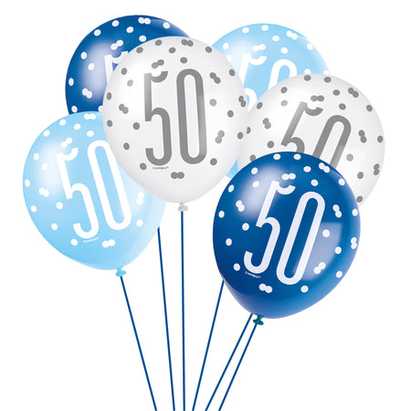 Birthday Glitz Blue 50th Pearlised Latex Balloons - Pack of 6