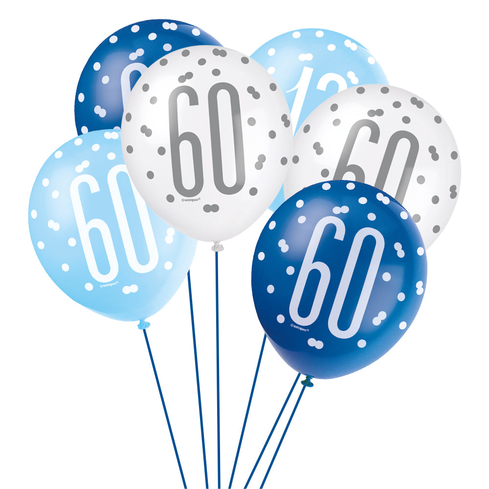 Birthday Glitz Blue 60th Pearlised Latex Balloons - Pack of 6