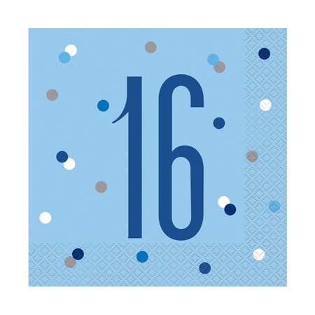 Birthday Glitz Blue 16th Paper Napkins - 33cm - Pack of 16