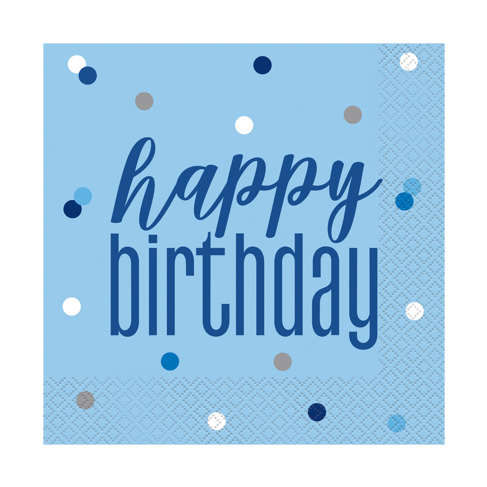 Birthday Glitz Blue Happy Birthday Paper Napkins - 33cm - Pack of 16