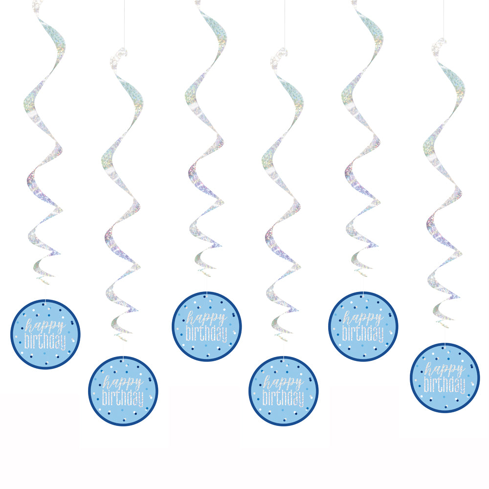 Birthday Glitz Blue Happy Birthday Hanging Swirl Decorations - 80cm - Pack of 6