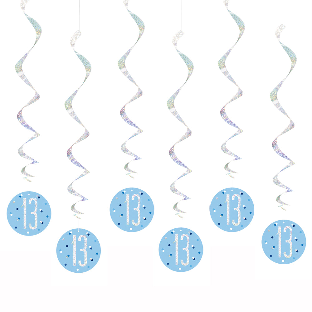 Birthday Glitz Blue 13th Hanging Swirl Decorations - 80cm - Pack of 6