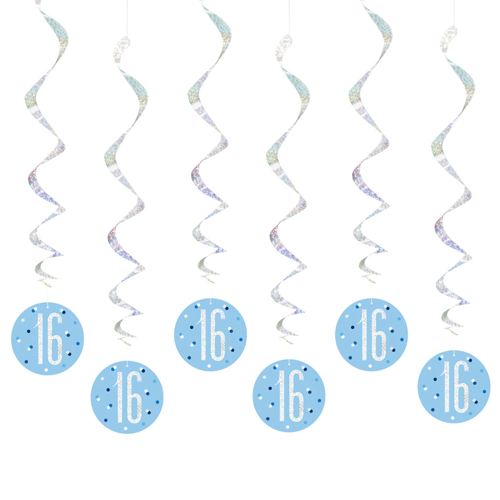 Birthday Glitz Blue 16th Hanging Swirl Decorations - 80cm - Pack of 6