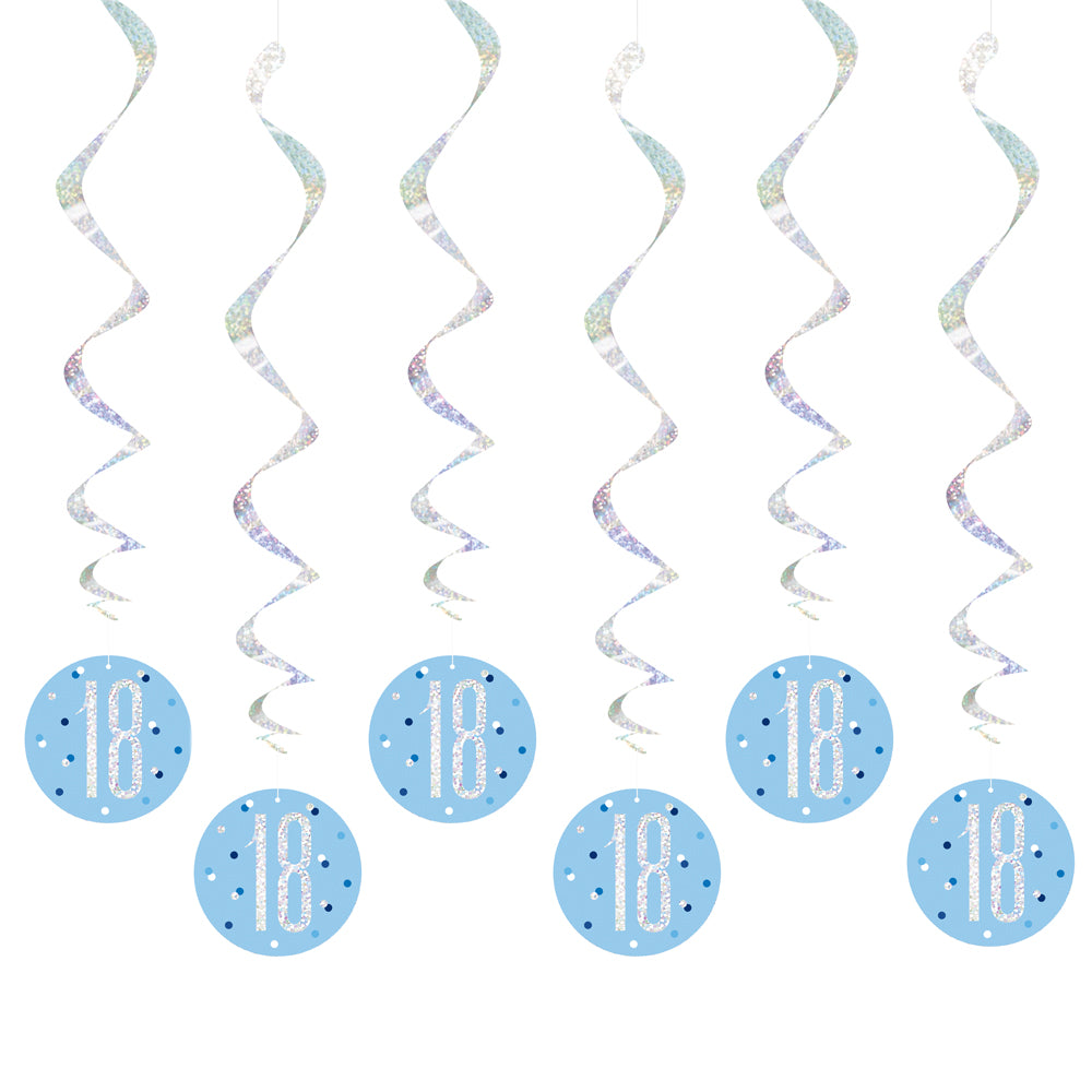 Birthday Glitz Blue 18th Hanging Swirl Decorations - 80cm - Pack of 6