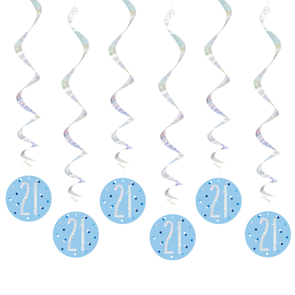 Birthday Glitz Blue 21st Hanging Swirl Decorations - 80cm - Pack of 6