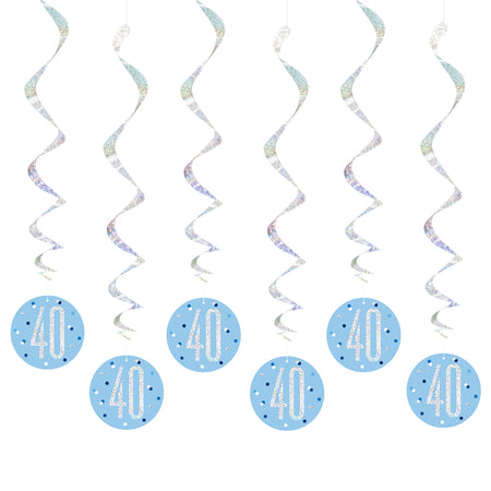 Birthday Glitz Blue 40th Hanging Swirl Decorations - 80cm - Pack of 6
