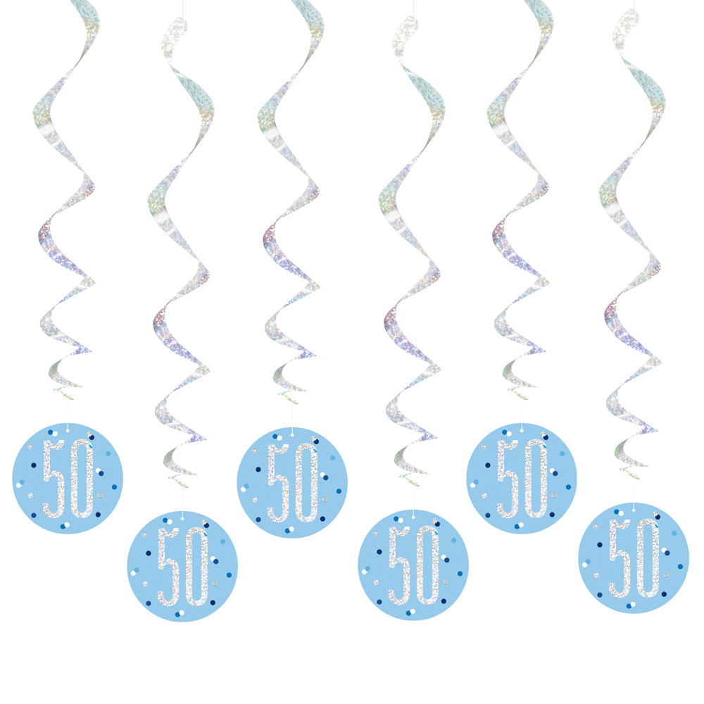 Birthday Glitz Blue 50th Hanging Swirl Decorations - 80cm - Pack of 6
