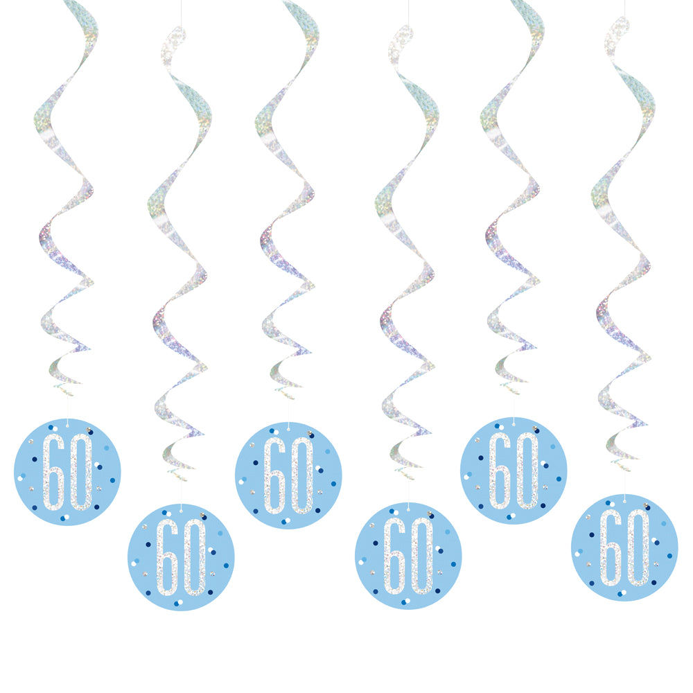 Birthday Glitz Blue 60th Hanging Swirl Decorations - 80cm - Pack of 6