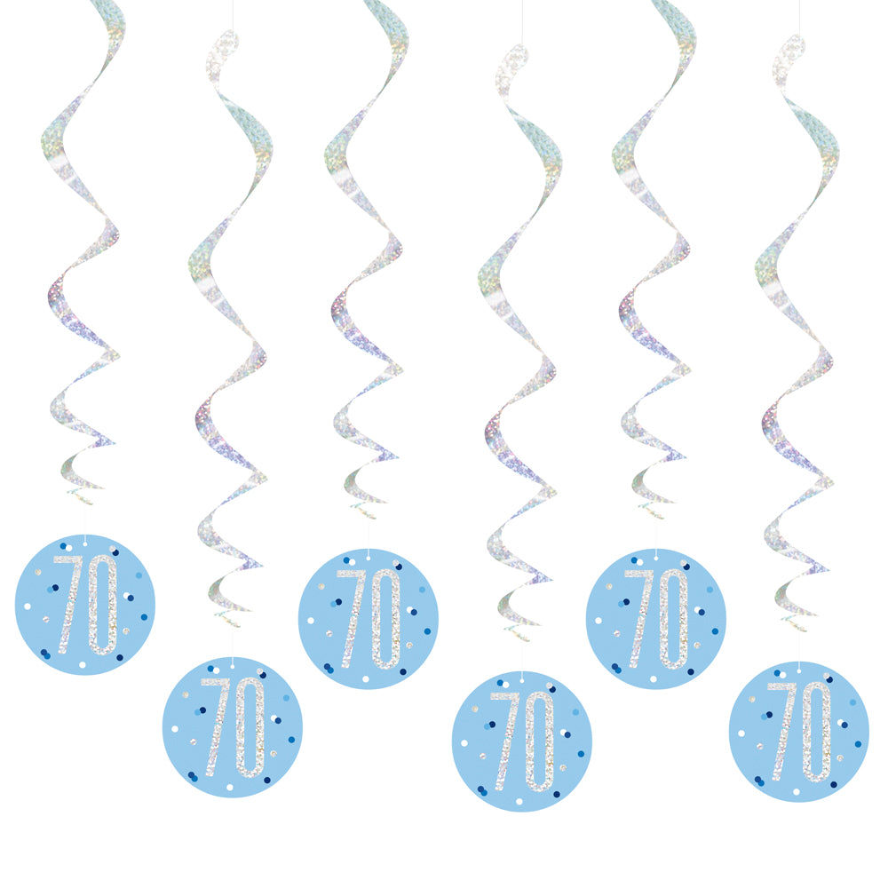 Birthday Glitz Blue 70th Hanging Swirl Decorations - 80cm - Pack of 6