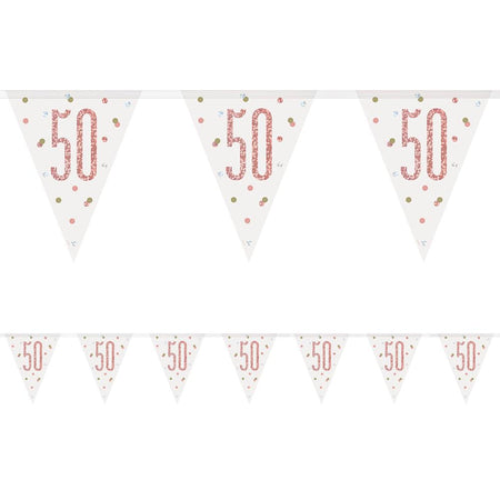Birthday Glitz Rose Gold 50th Flag Bunting - 2.7m