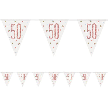 Birthday Glitz Rose Gold 50th Flag Bunting - 2.7m