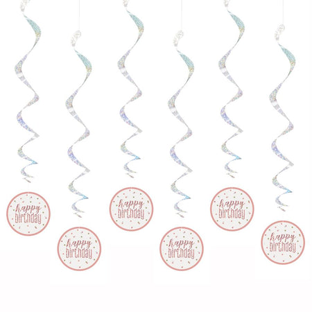 Birthday Glitz Rose Gold 'Happy Birthday' Hanging Swirl Decorations - Pack of 15