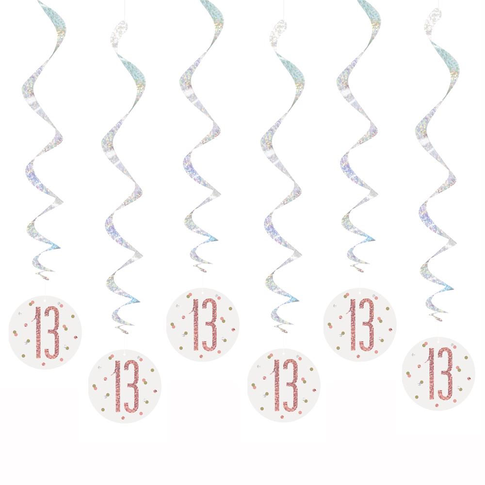 Birthday Glitz Rose Gold 13th Hanging Swirl Decorations - Pack of 6