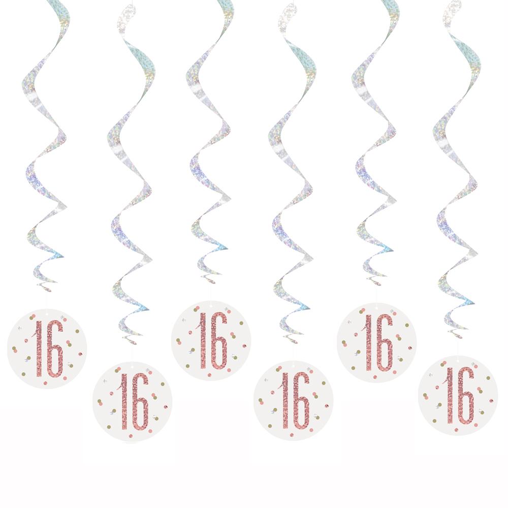 Birthday Glitz Rose Gold '16' Hanging Swirl Decorations - Pack of 6