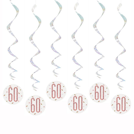 Birthday Glitz Rose Gold 60th Hanging Swirl Decorations - Pack of 6