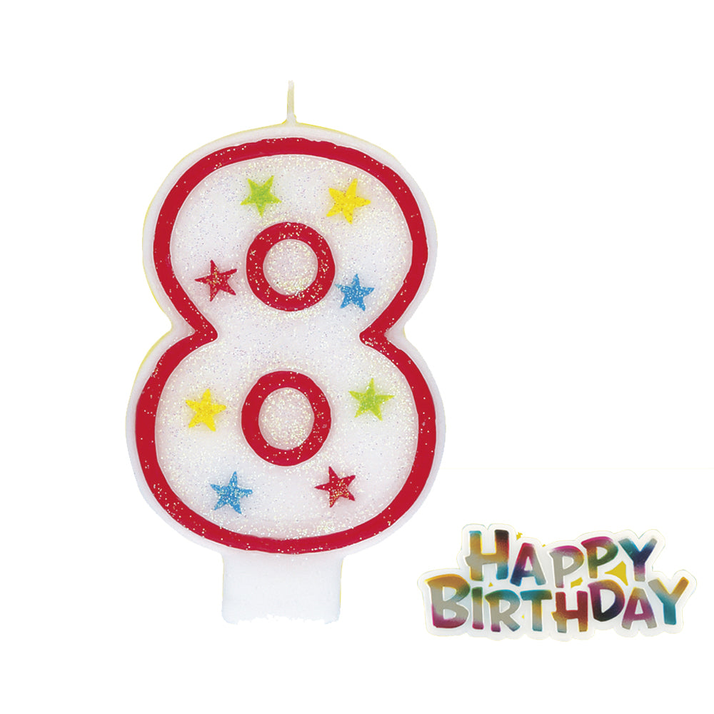 Glitter Stars Number Candle '8' with Happy Birthday Decoration