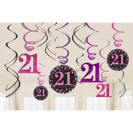 Pink Celebration 21st Hanging Swirl Decorations - 45.7cm - Pack of 12