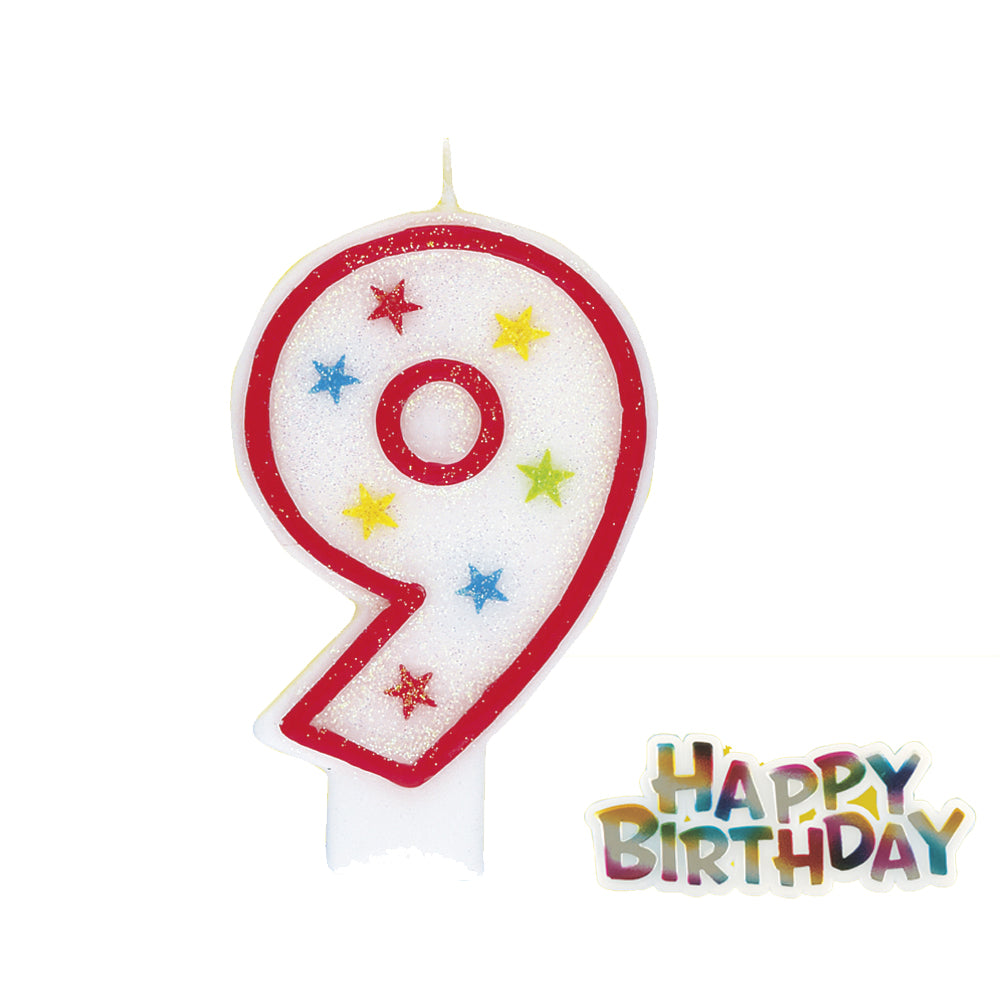 Glitter Stars Number Candle '9' with Happy Birthday Decoration