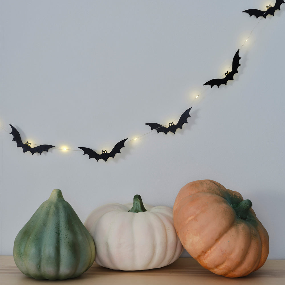 Black Bat Wooden Halloween Bunting with Light up Eyes