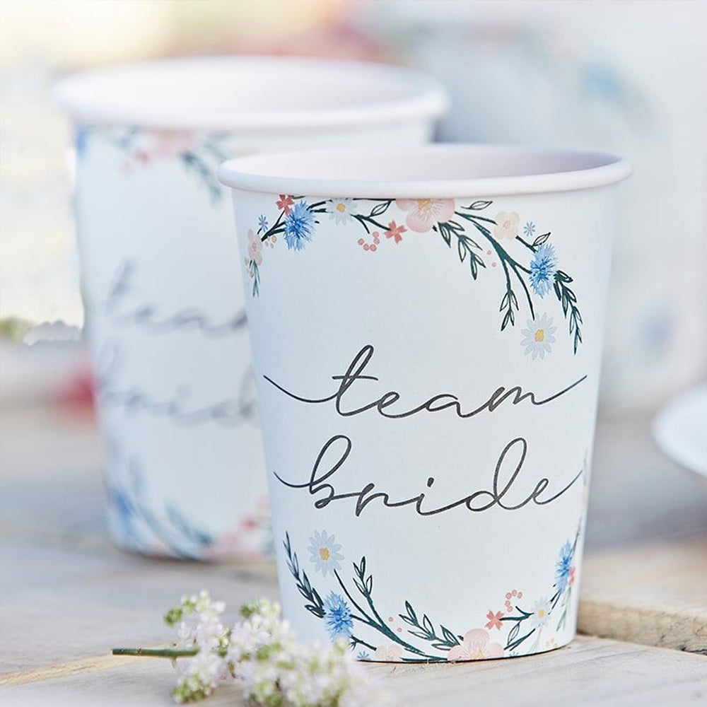 Team Bride Boho Floral Eco Paper Cups - 266ml - Pack of 8