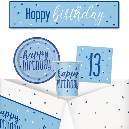 13th Birthday Blue Glitz Tableware Pack for 8 with FREE Banner!