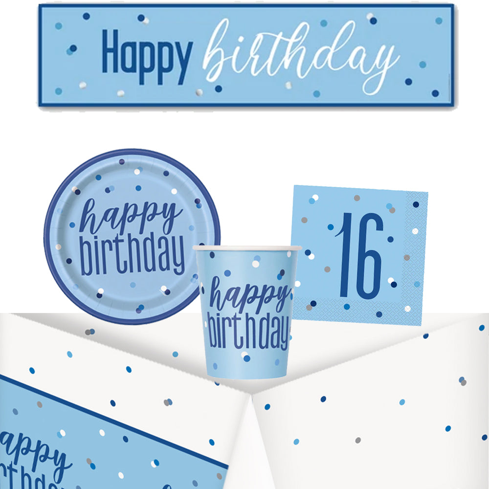 16th Birthday Blue Glitz Tableware Pack for 8 with FREE Banner!