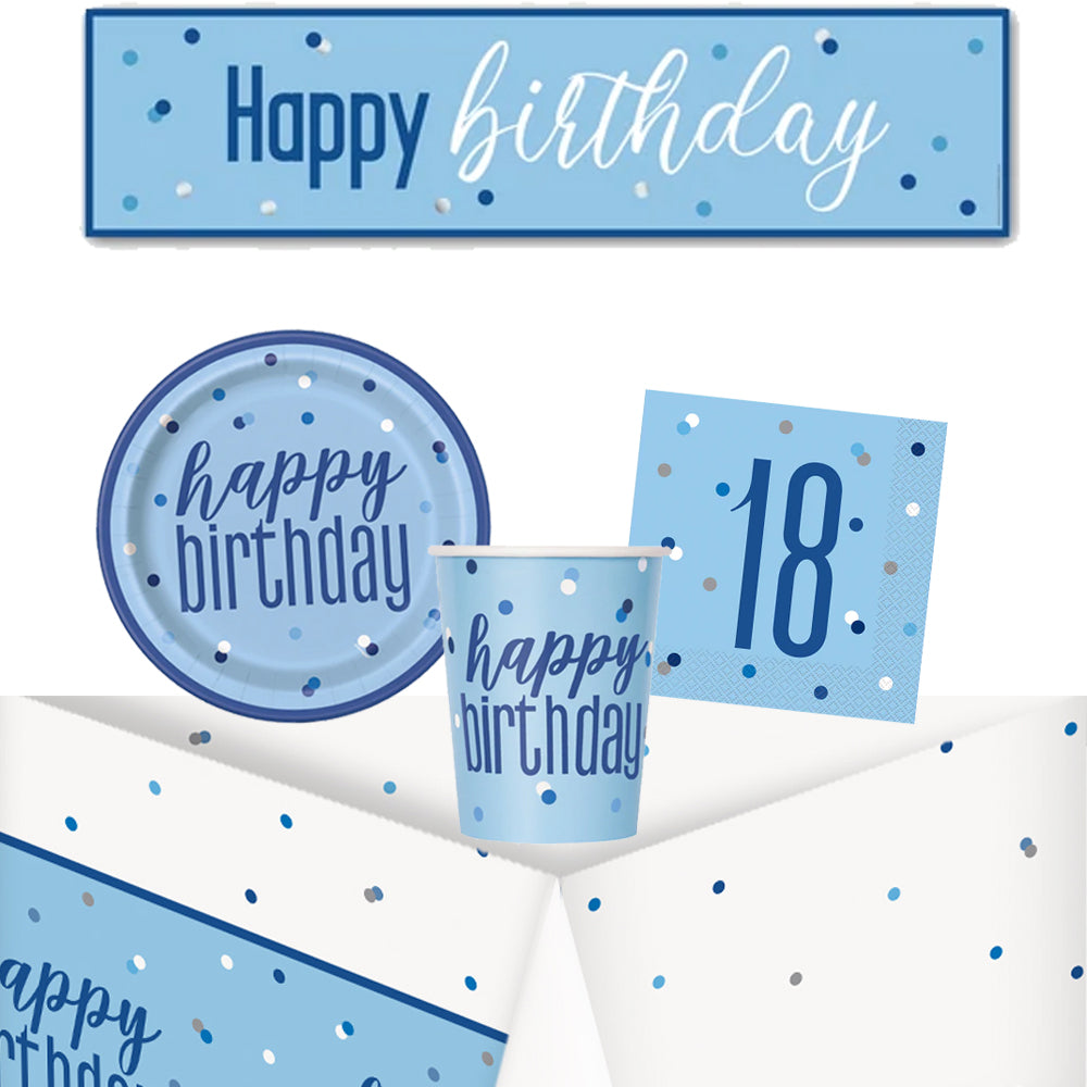 18th Birthday Blue Glitz Tableware Pack for 8 with FREE Banner!