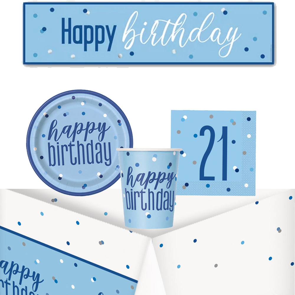21st Birthday Blue Glitz Tableware Pack for 8 with FREE Banner!