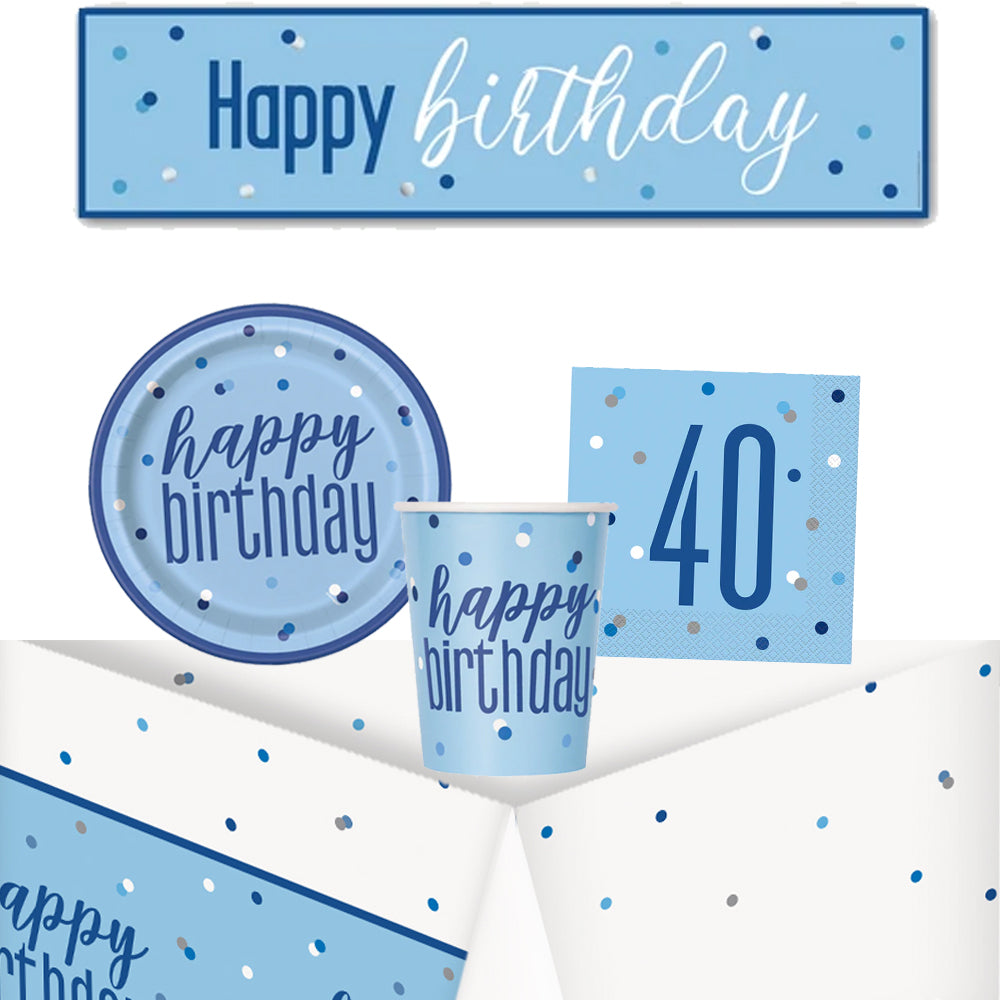 40th Birthday Blue Glitz Tableware Pack for 8 with FREE Banner!