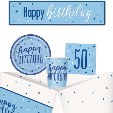 50th Birthday Blue Glitz Tableware Pack for 8 with FREE Banner!