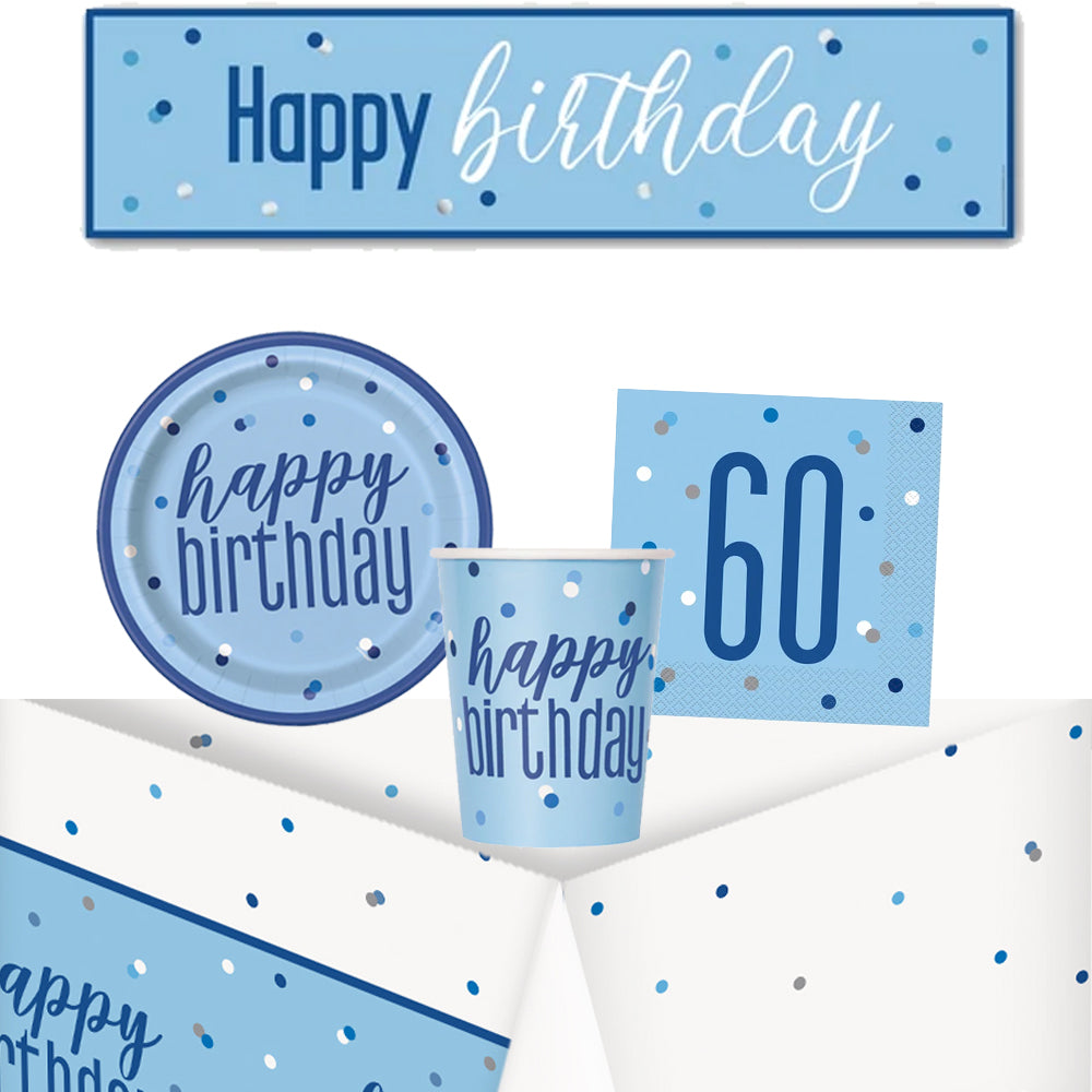 60th Birthday Blue Glitz Tableware Pack for 8 with FREE Banner!