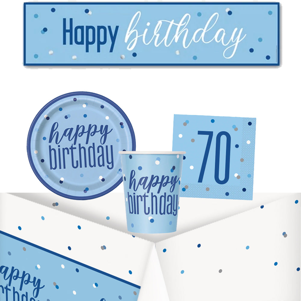 70th Birthday Blue Glitz Tableware Pack for 8 with FREE Banner!