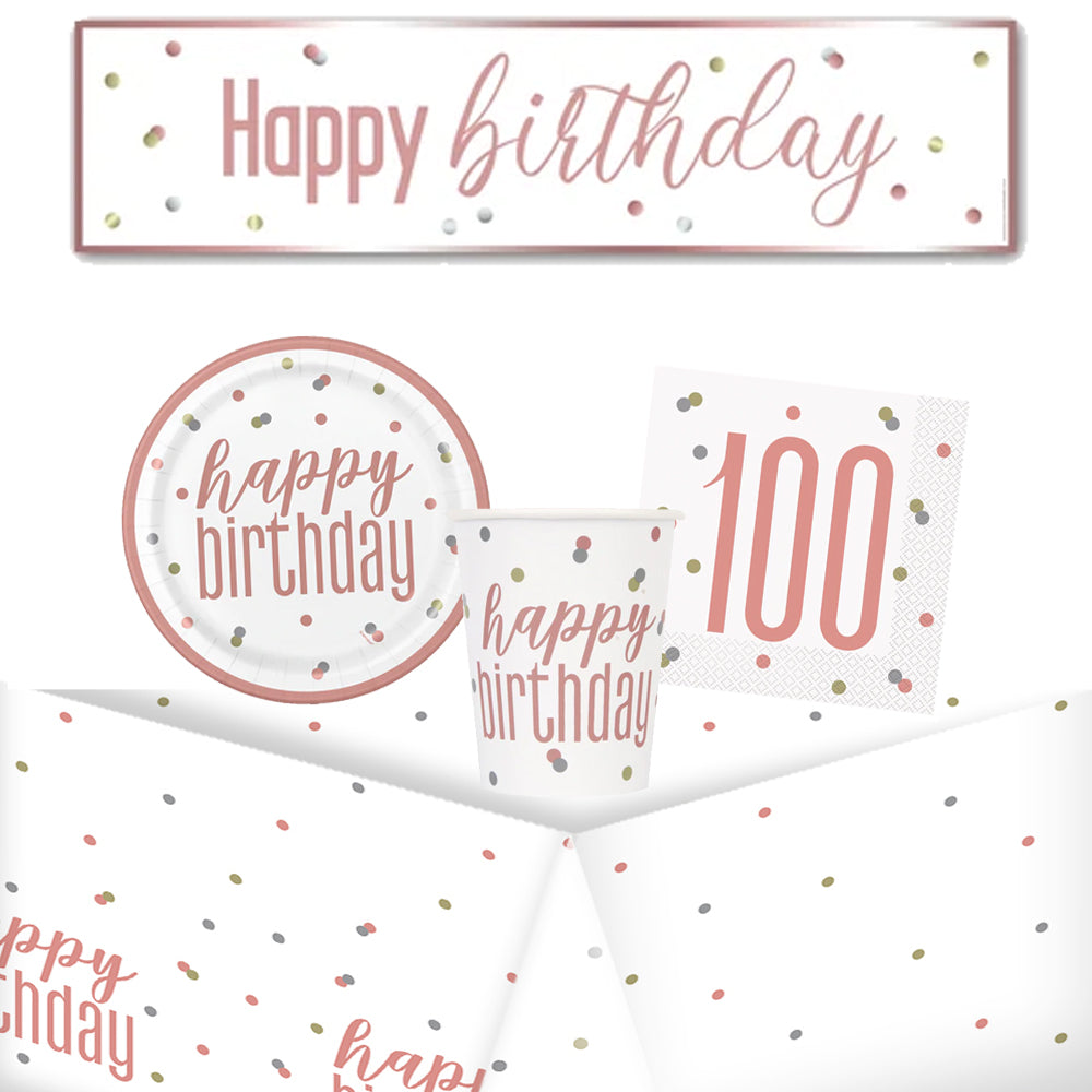 100th Birthday Rose Gold Glitz Tableware Pack for 8 with FREE Banner!
