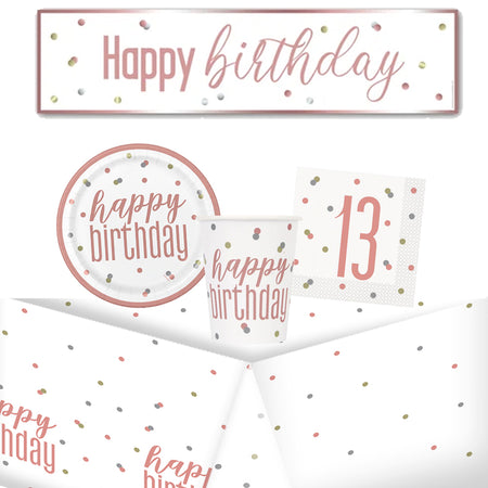 13th Birthday Rose Gold Glitz Tableware Pack for 8 with FREE Banner!