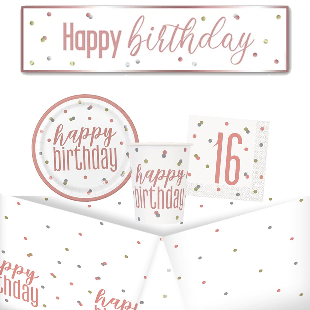16th Birthday Rose Gold Glitz Tableware Pack for 8 with FREE Banner!