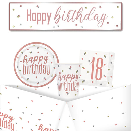 18th Birthday Rose Gold Glitz Tableware Pack for 8 with FREE Banner!